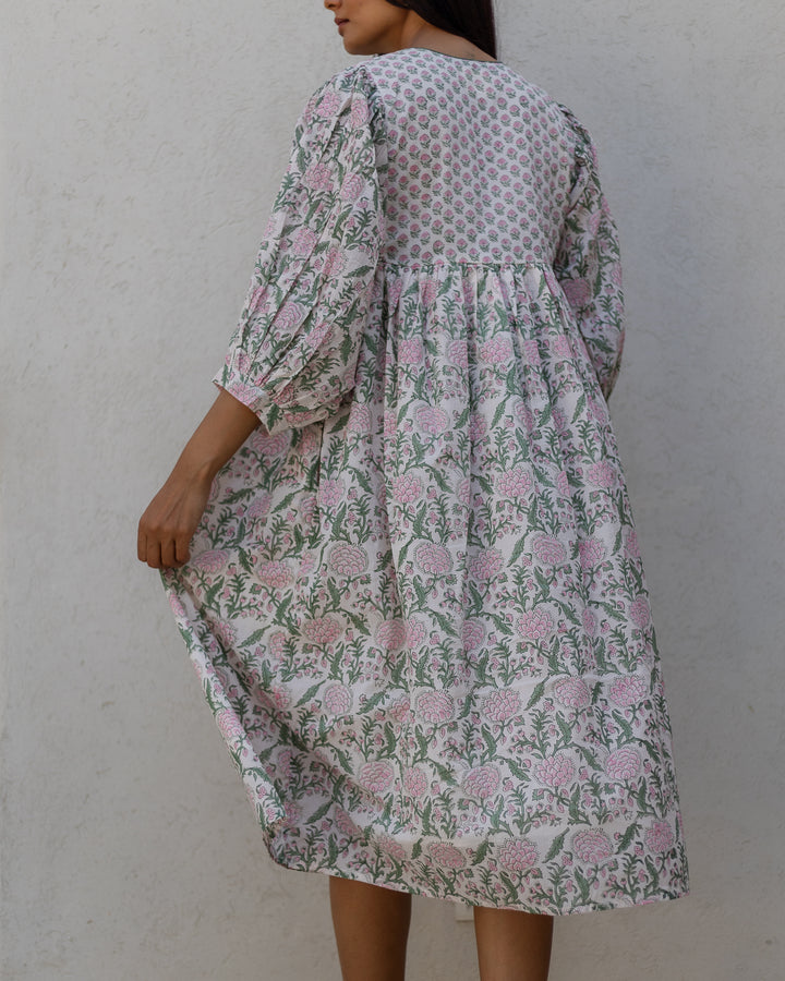 Farah Midi Dress in White & Sage - Dilli Grey