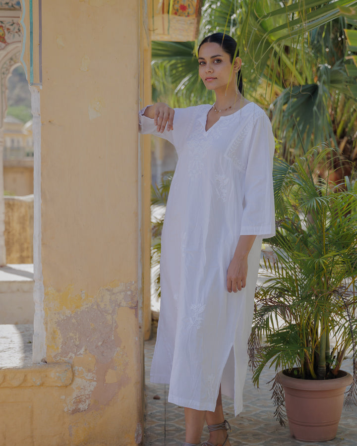 Chikankari-embroidered kaftan in Jasmine White