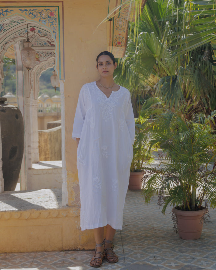 Chikankari-embroidered kaftan in Jasmine White
