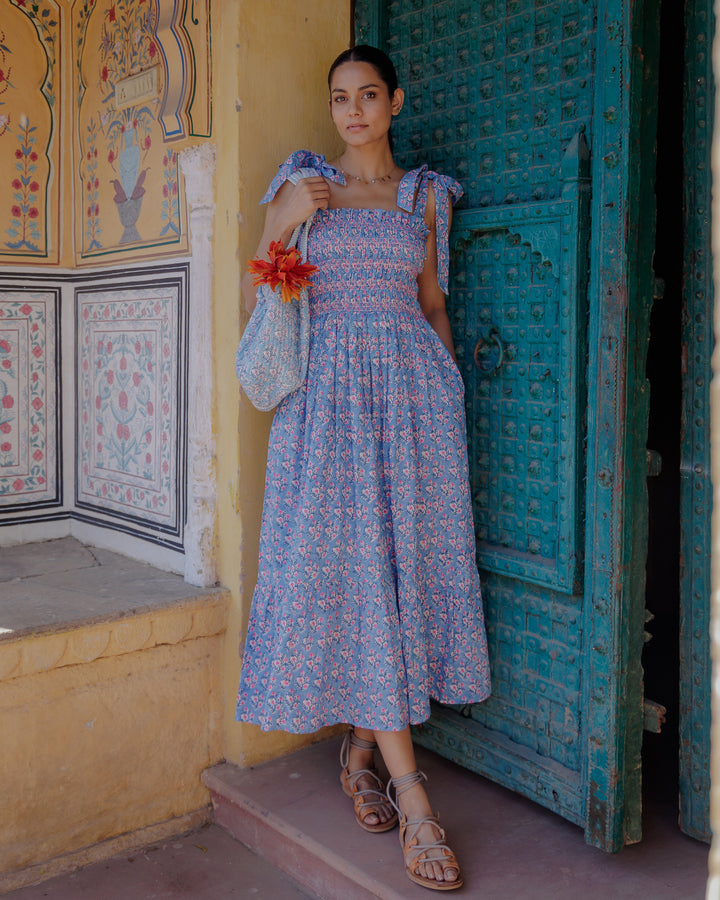 Yasmin Smocked Sundress in Dusty Blue and Neon Pink