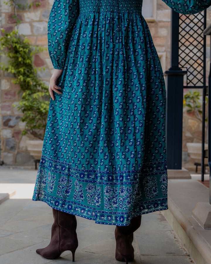 Belle Smocked Hand-Block Printed Midi Dress in Teal - delivery beg Nov