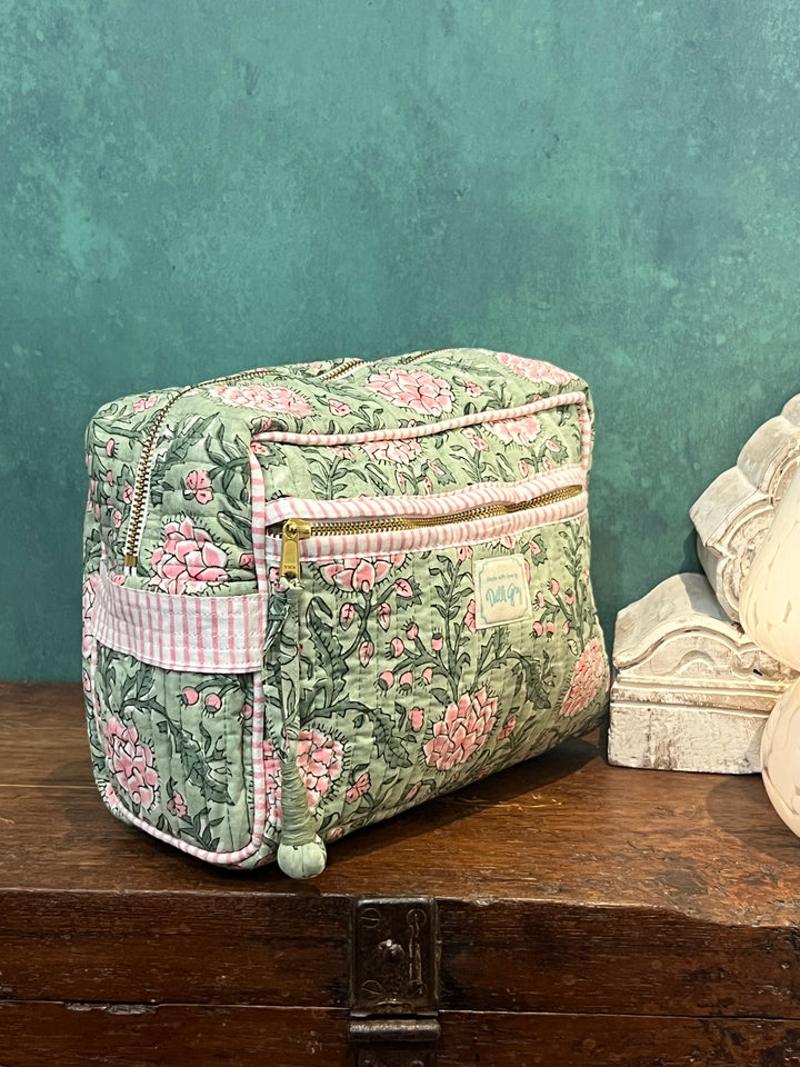 Johari Double Zip Wash Bag In Sage And Dusty Pink