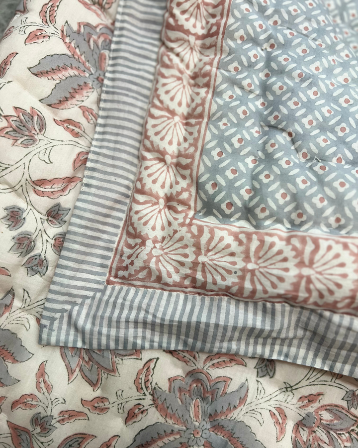 Jaipur Chintz reversible quilted Throw In vintage blue  & dusty pink - Dilli Grey