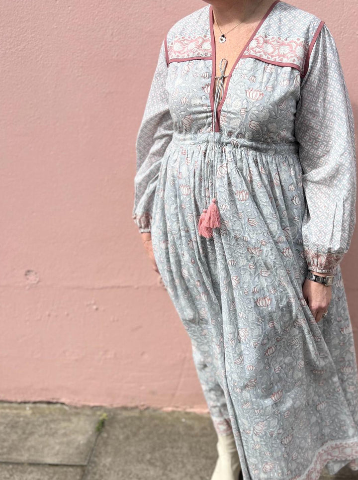 PRE-ORDER: Fifi Boho Midaxi Dress In Dusty Blue