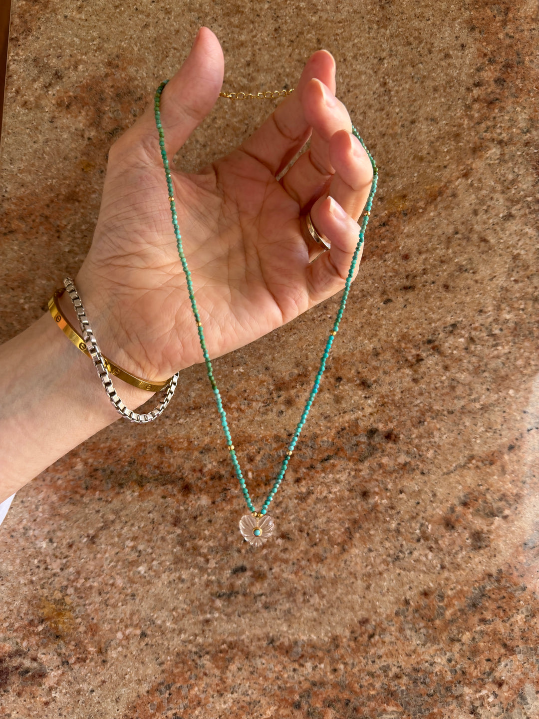 Jaipur Carved Heart Necklace in Quartz & Turquoise  - SHIPS 9TH SEPTEMBER