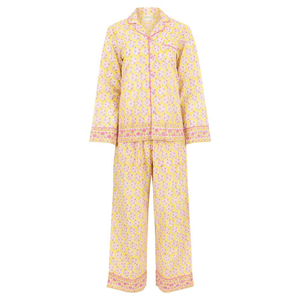 Mogra Long Sleeve PJ set in Sunshine Yellow & Pink - Dilli Grey