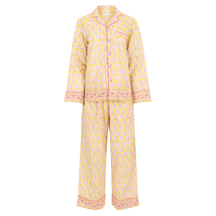 Mogra Long Sleeve PJ set in Sunshine Yellow & Pink - Dilli Grey
