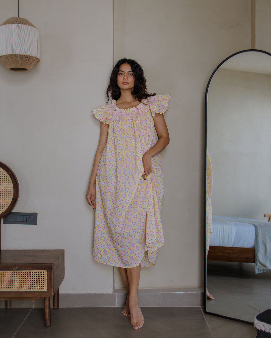 Mogra Smocked Nightie in Sunshine Yellow & Pink - Dilli Grey