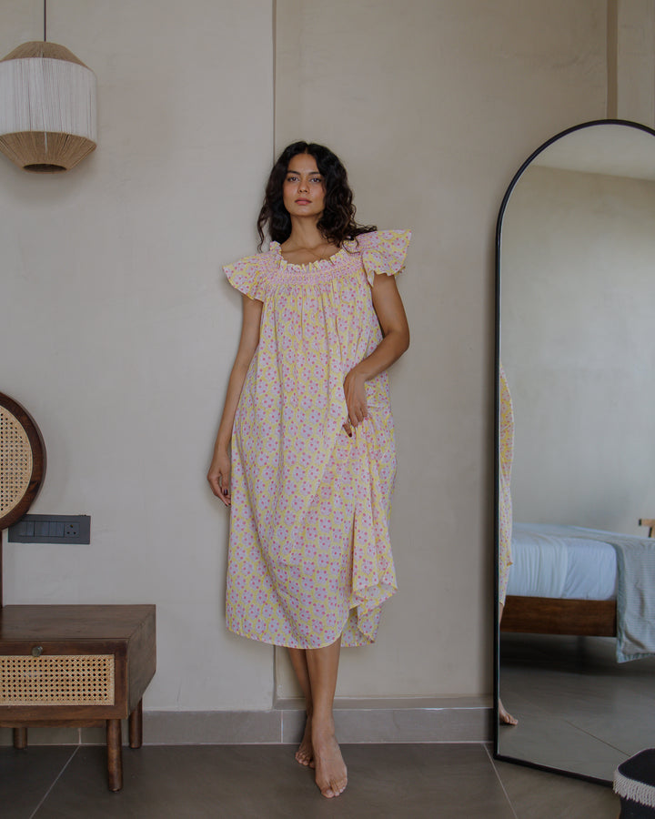 Mogra Smocked Nightie in Sunshine Yellow & Pink - Dilli Grey