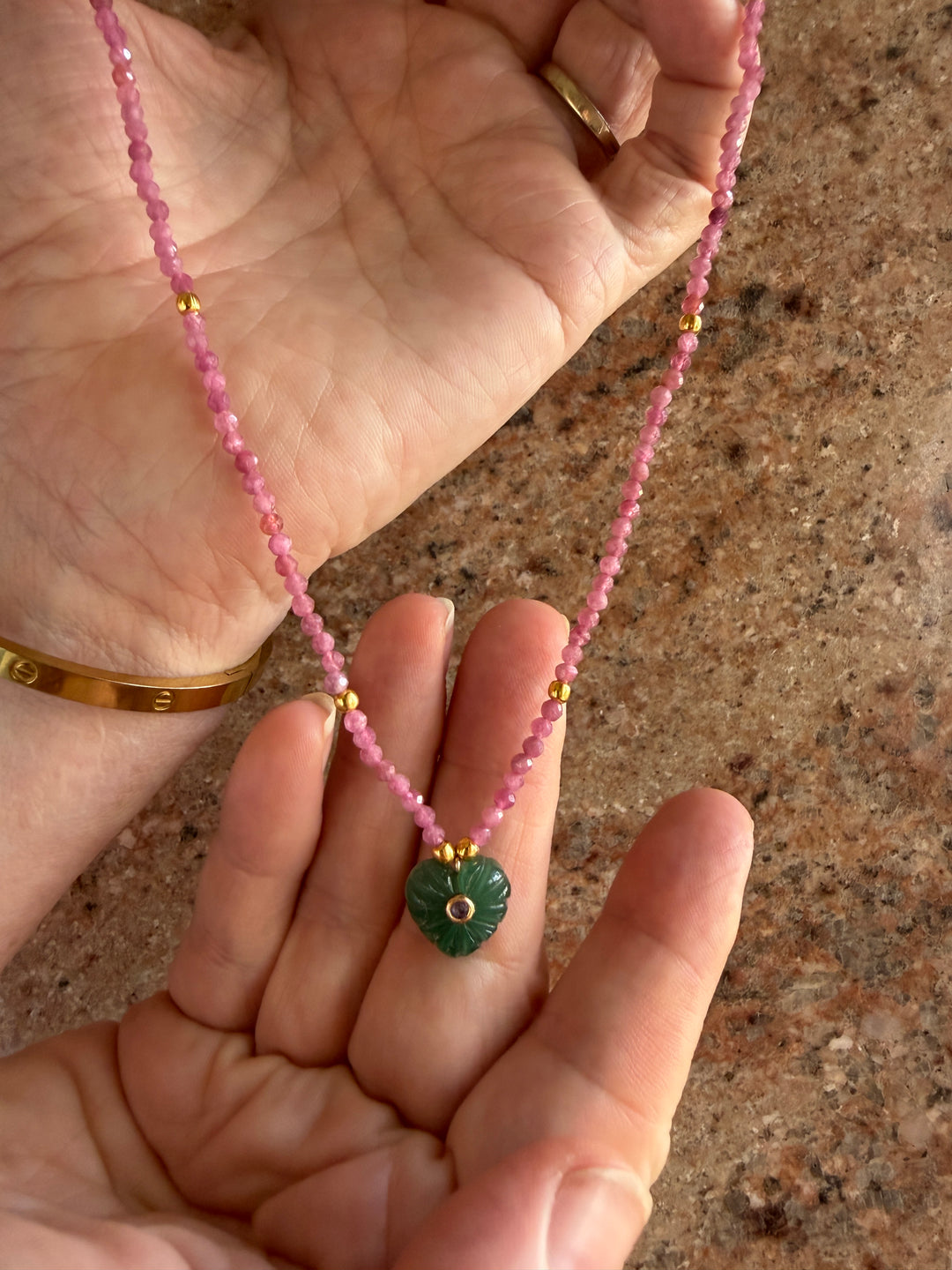 Jaipur Carved Heart Necklace in Aventurine & Pink Tourmaline  - SHIPS 9TH SEPTEMBER