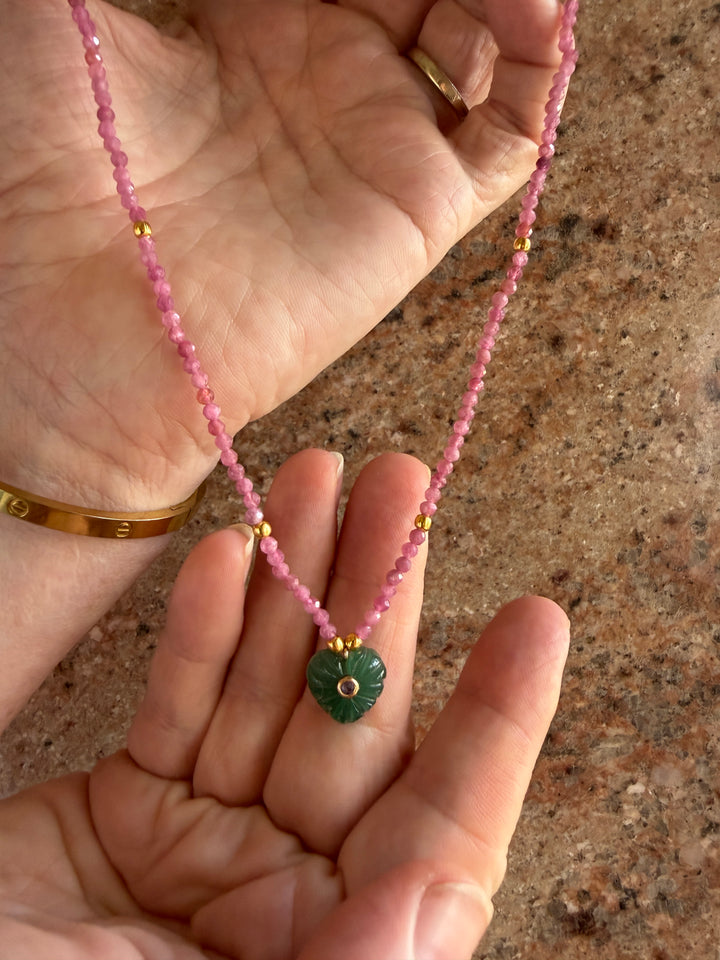 Jaipur Carved Heart Necklace in Aventurine & Pink Tourmaline  - SHIPS 9TH SEPTEMBER