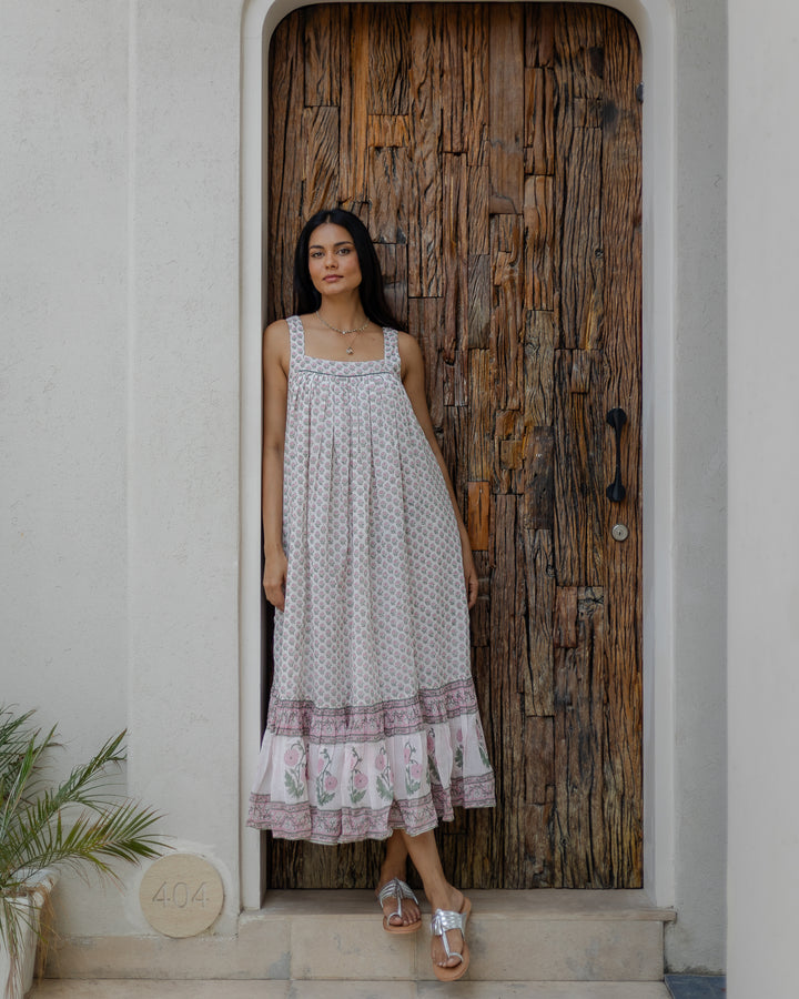 Kaya Maxi Sundress in White & Sage - Dilli Grey