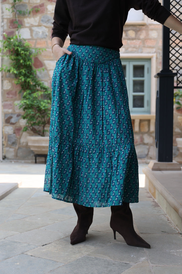 Dakota Hand-Block Printed Skirt in Teal - delivery beg Nov