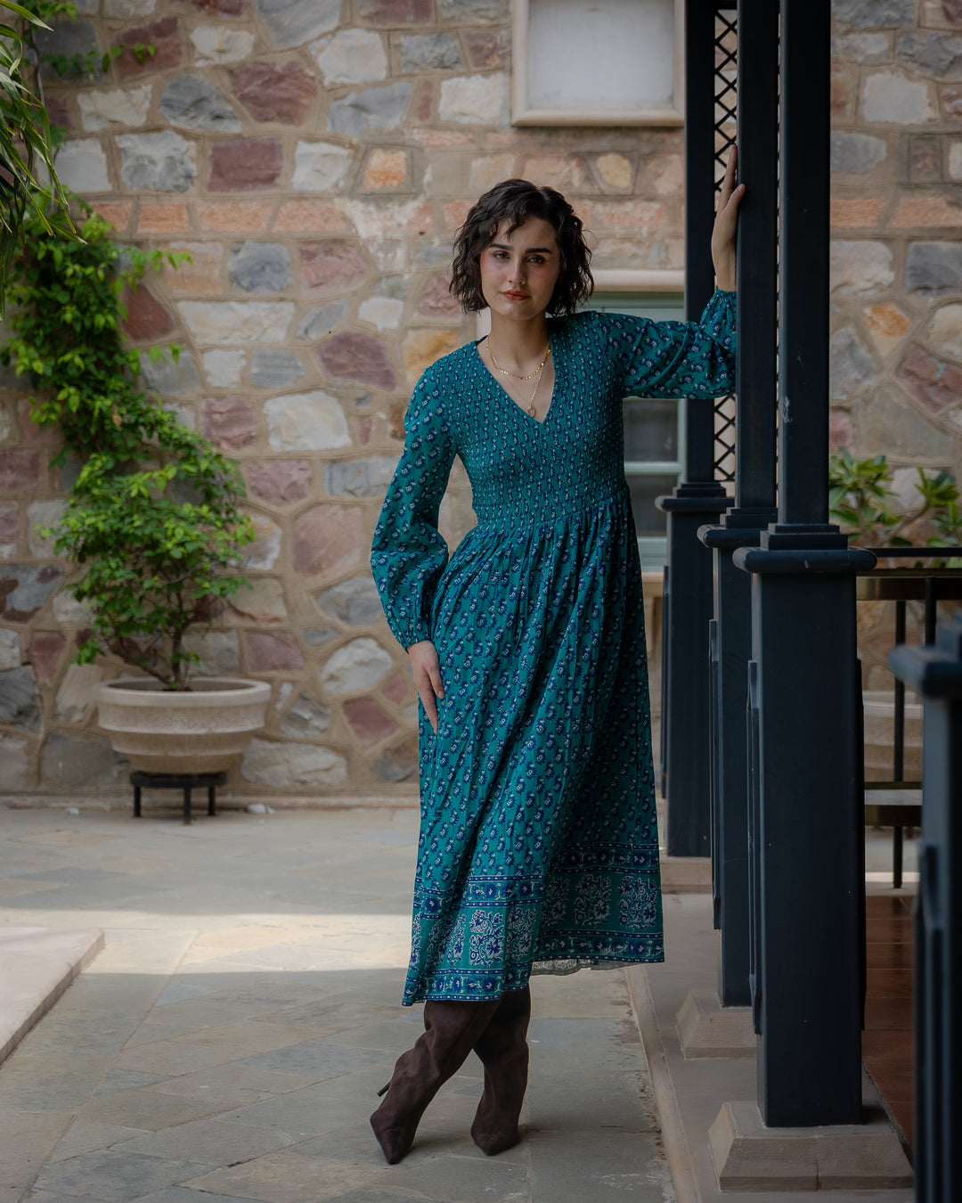 Belle Smocked Hand-Block Printed Midi Dress in Teal - delivery beg Nov
