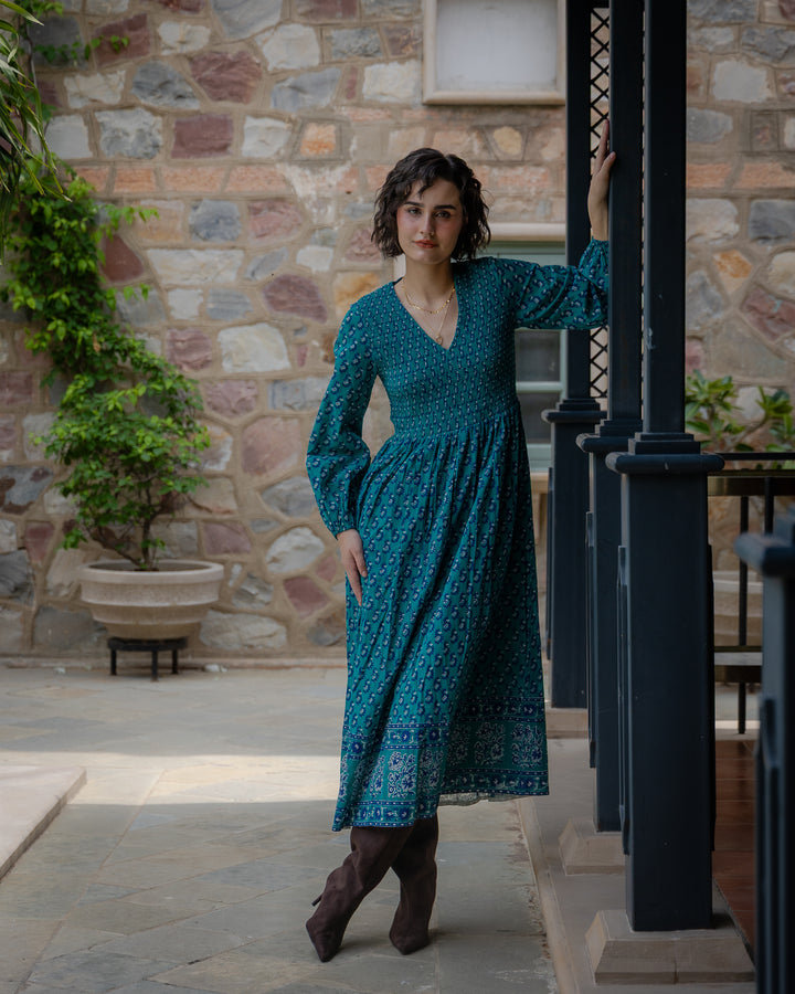 Belle Smocked Hand-Block Printed Midi Dress in Teal - delivery beg Nov