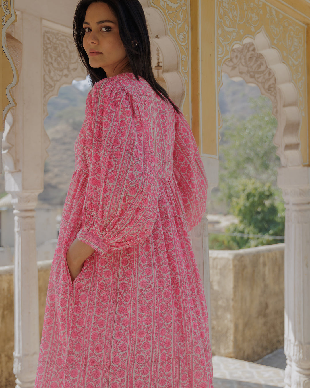 Farah Midi Dress in Neon Pink