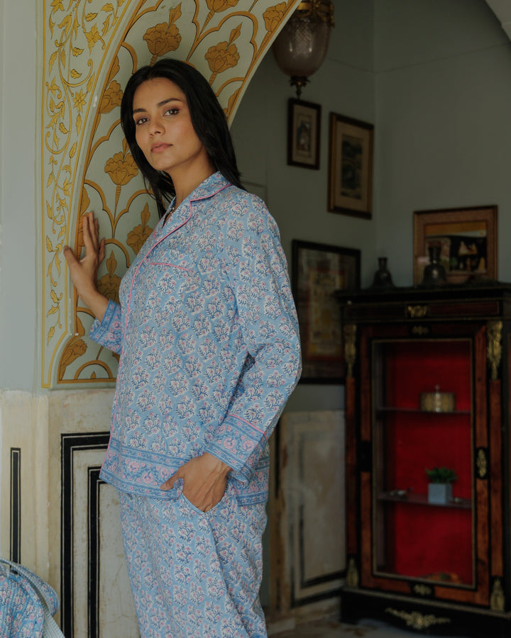 Mogra Long Sleeve PJ set in Dusty Blue and Lavender