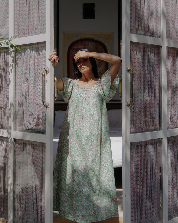 Mogra Smocked Nightie in Sage Green and Pink
