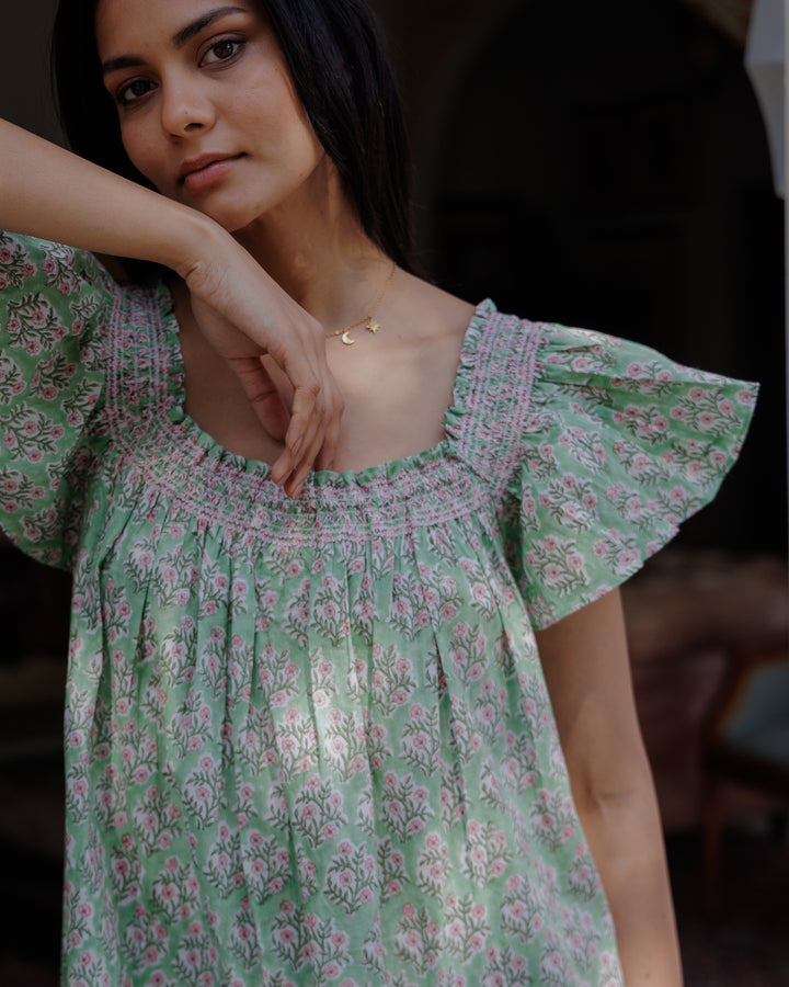 Mogra Smocked Nightie in Sage Green and Pink