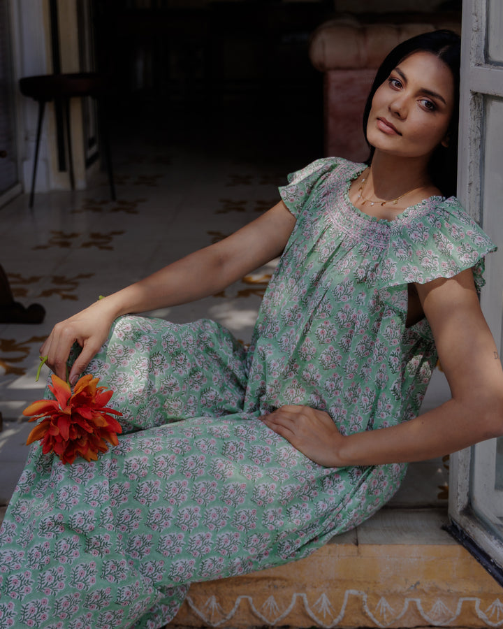 Mogra Smocked Nightie in Sage Green and Pink