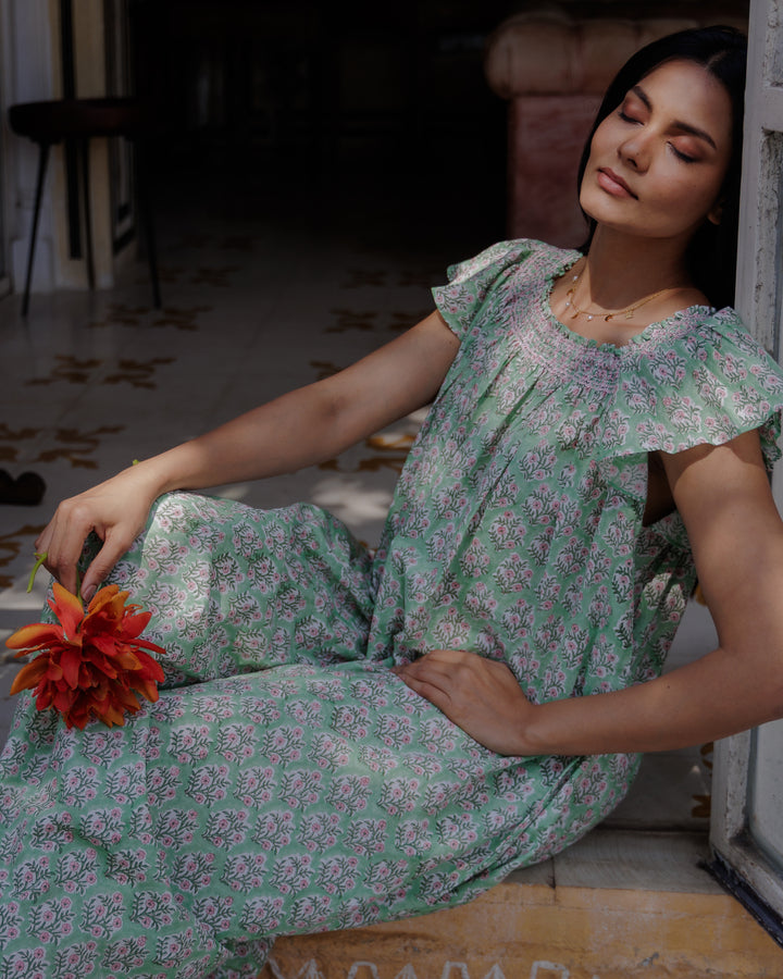 Mogra Smocked Nightie in Sage Green and Pink