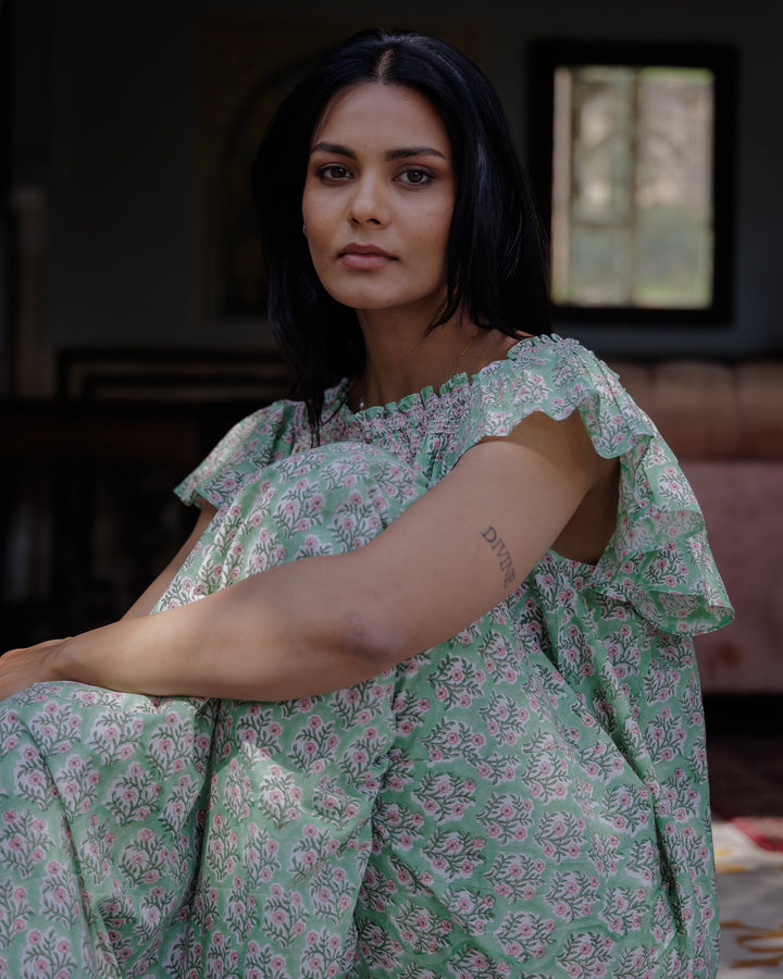 Mogra Smocked Nightie in Sage Green and Pink