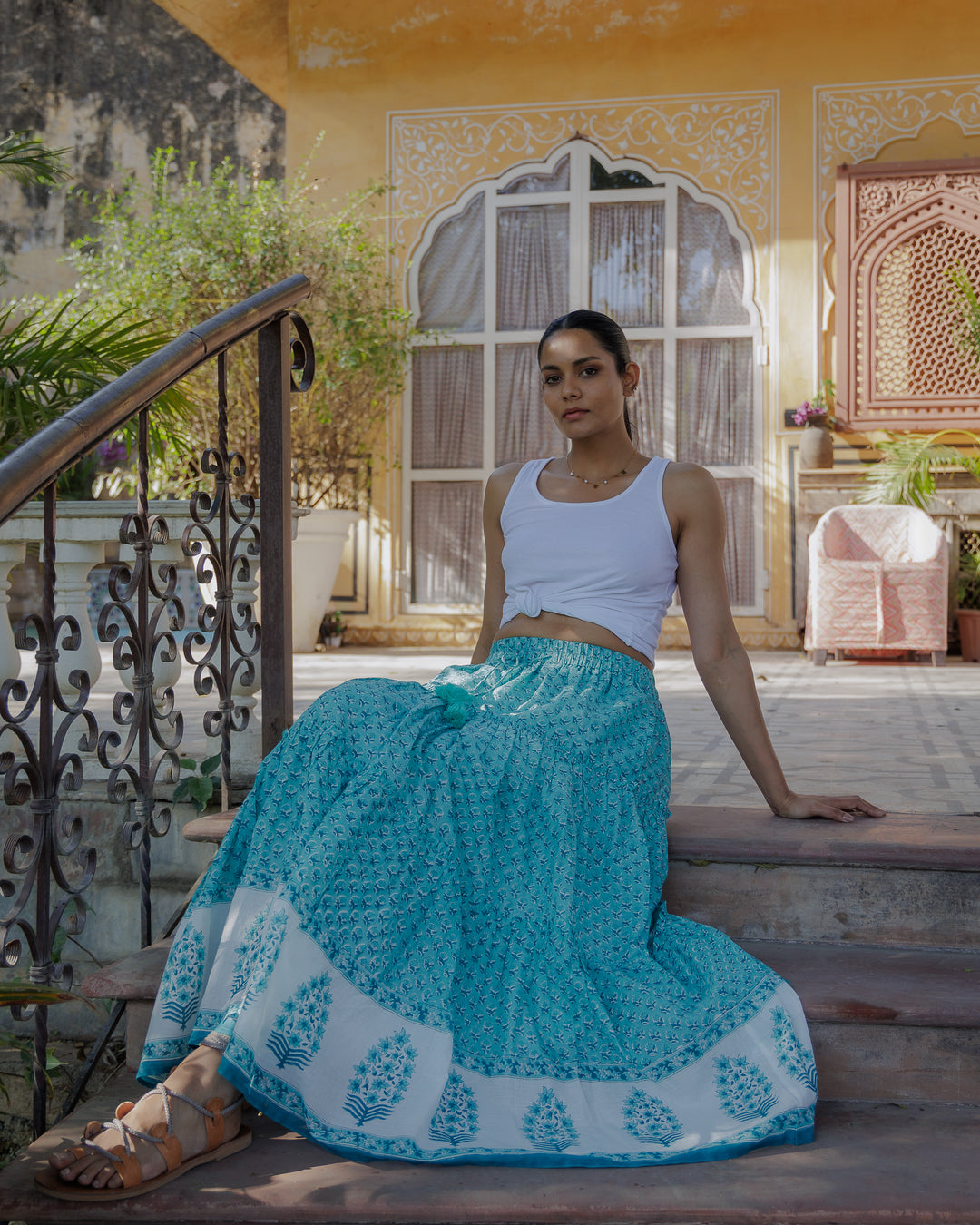 Maya Maxi-Tiered Border Skirt in Pool Blue