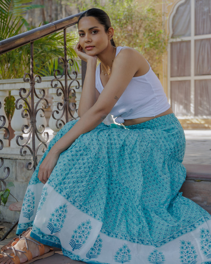 Maya Maxi-Tiered Border Skirt in Pool Blue