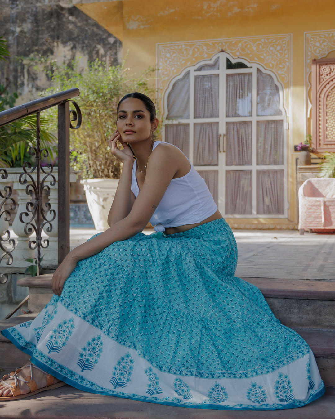 Maya Maxi-Tiered Border Skirt in Pool Blue