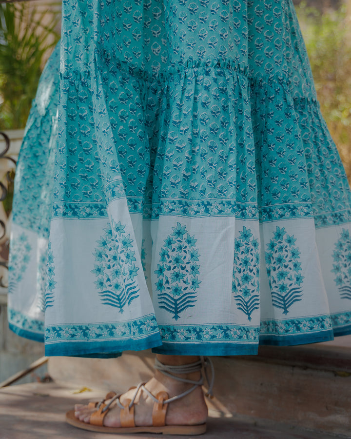Maya Maxi-Tiered Border Skirt in Pool Blue