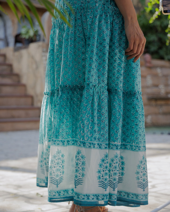 Maya Maxi-Tiered Border Skirt in Pool Blue