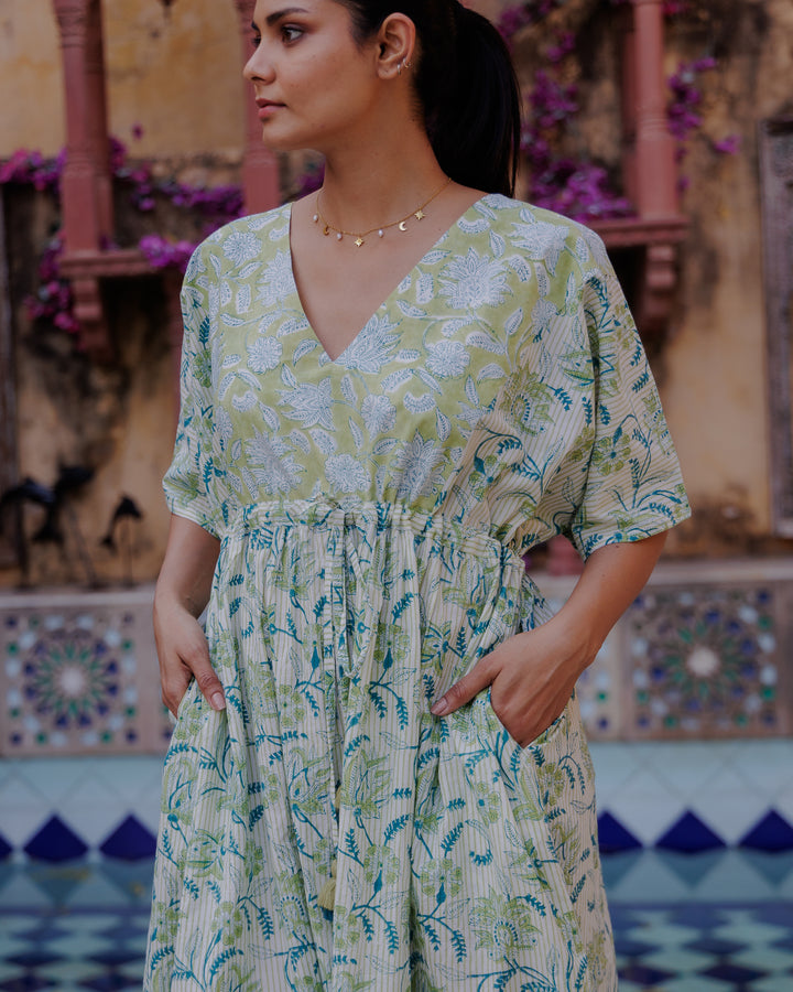 Tilly Stripe Champaca Maxi Kaftan Dress in Lagoon and Citrine