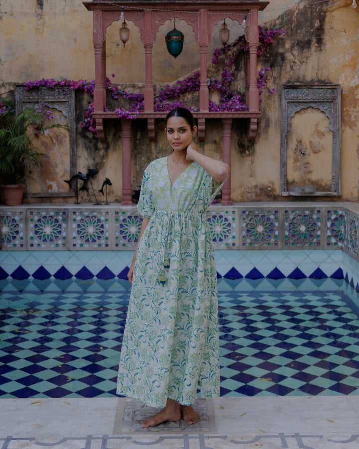 Tilly Stripe Champaca Maxi Kaftan Dress in Lagoon and Citrine