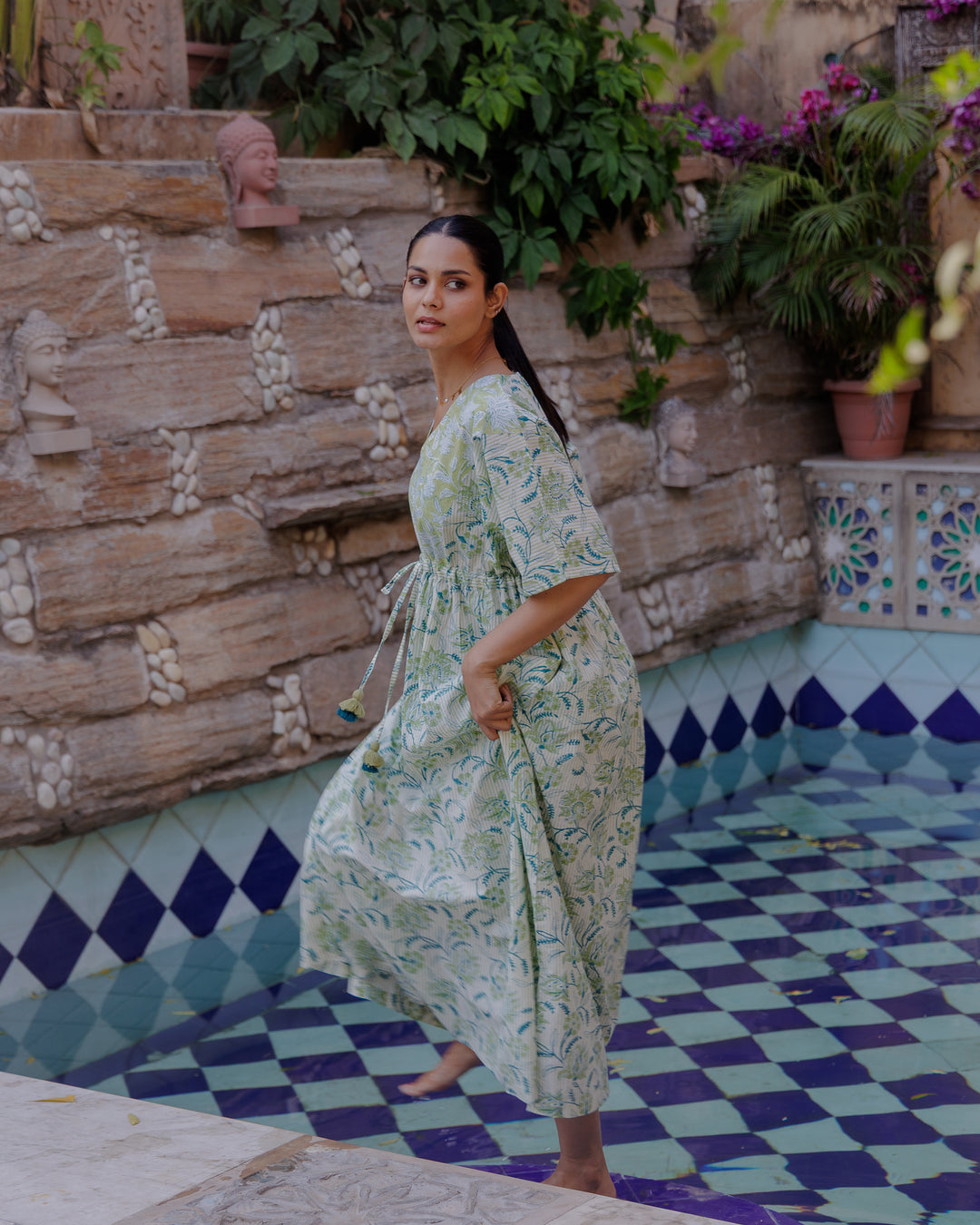 Tilly Stripe Champaca Maxi Kaftan Dress in Lagoon and Citrine