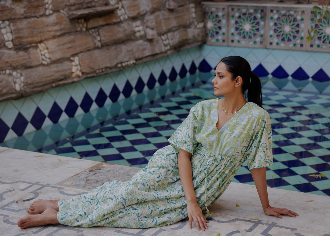Tilly Stripe Champaca Maxi Kaftan Dress in Lagoon and Citrine