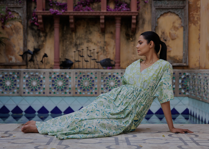 Tilly Stripe Champaca Maxi Kaftan Dress in Lagoon and Citrine