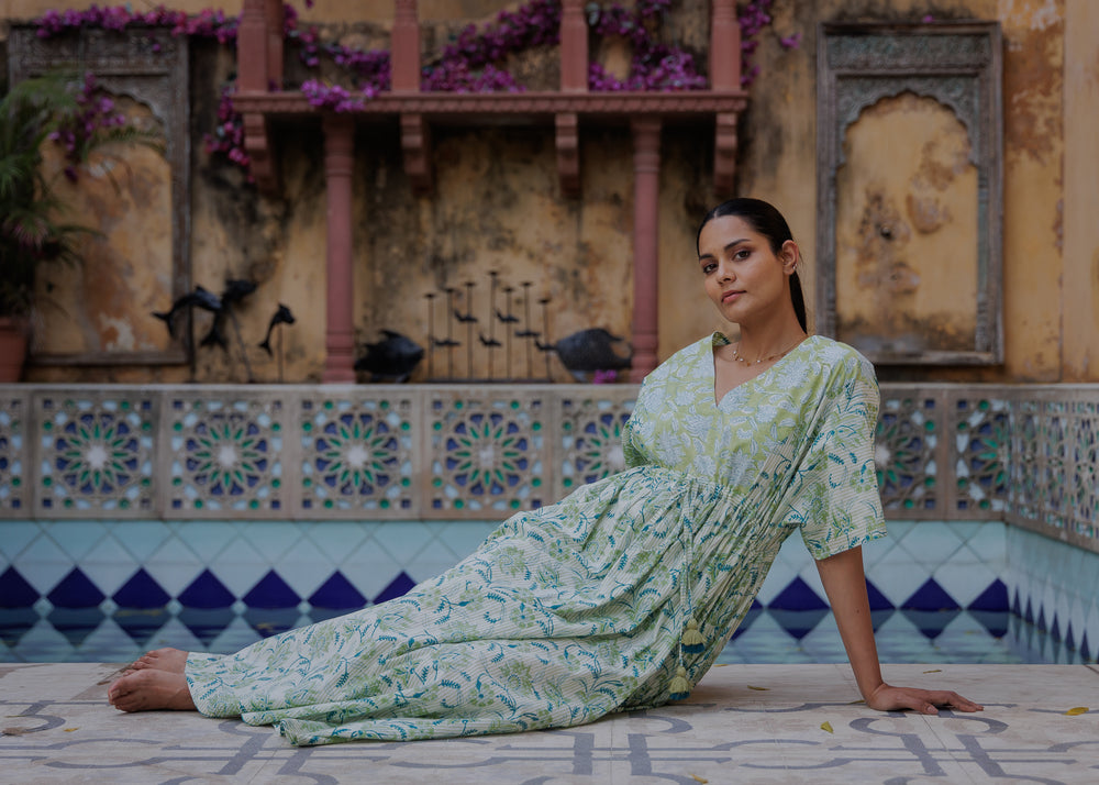 Tilly Stripe Champaca Maxi Kaftan Dress in Lagoon and Citrine - Dilli Grey