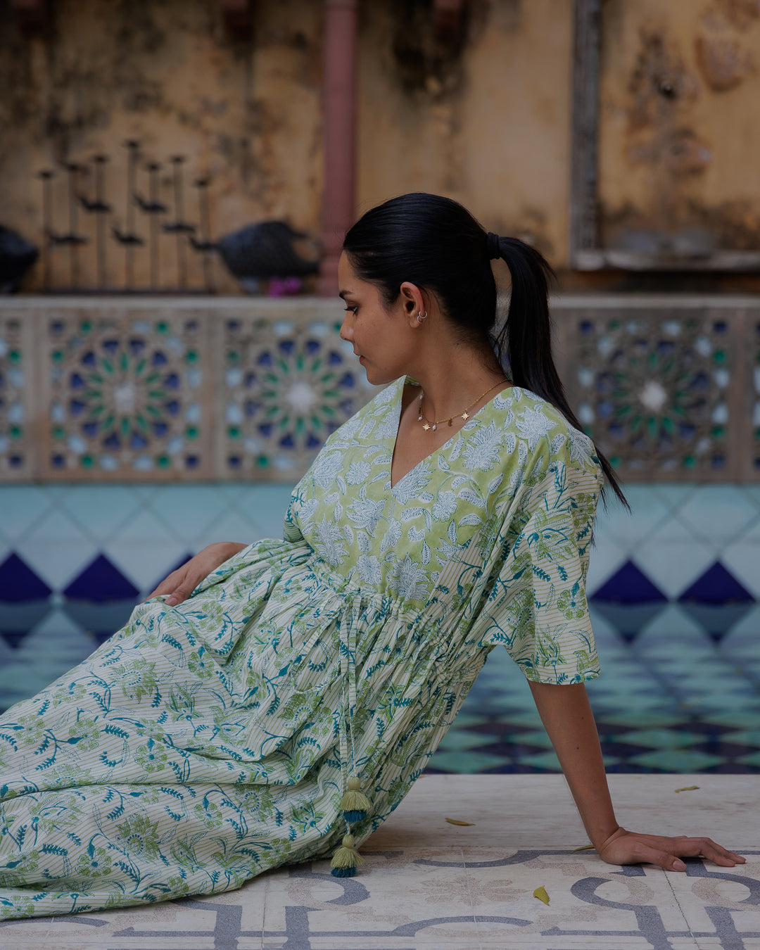 Tilly Stripe Champaca Maxi Kaftan Dress in Lagoon and Citrine