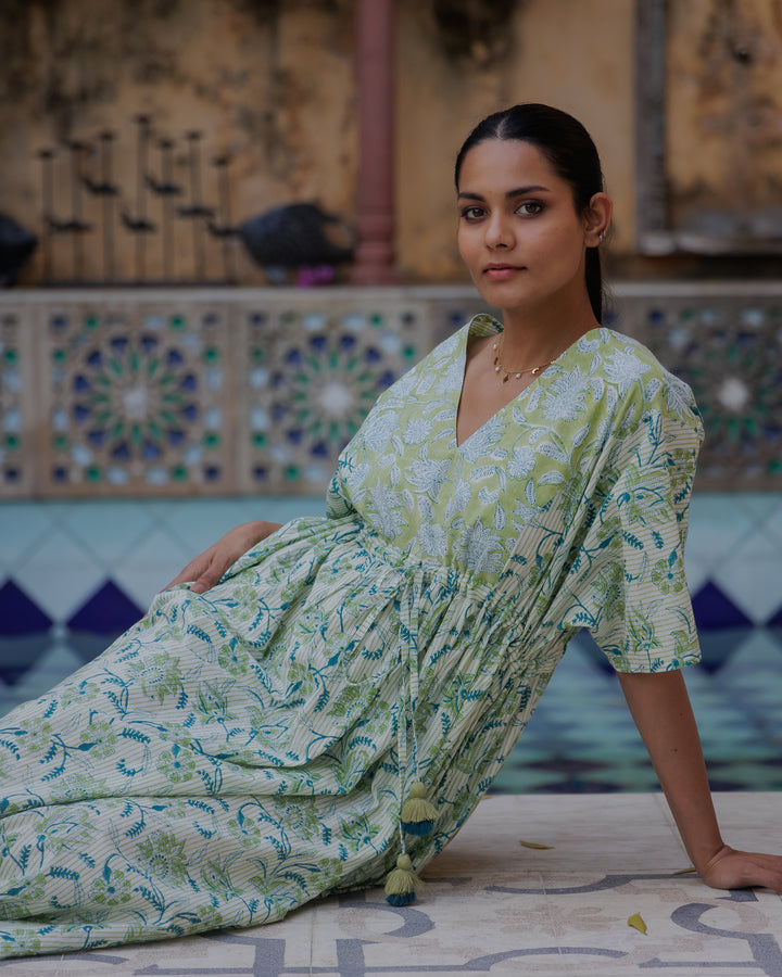 Tilly Stripe Champaca Maxi Kaftan Dress in Lagoon and Citrine