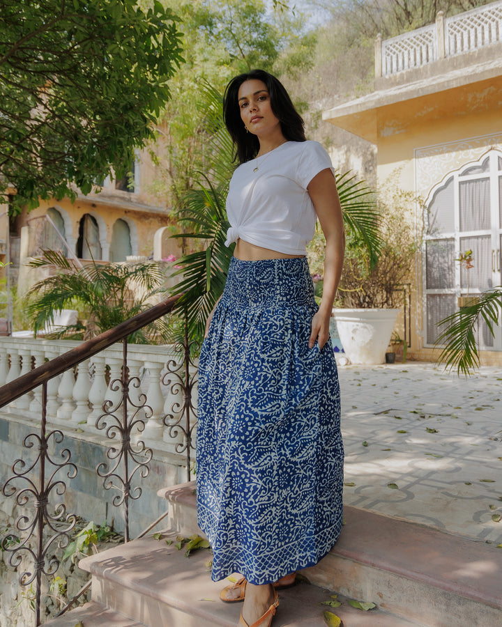 Asha Smocked Waistband Skirt in Natural Indigo