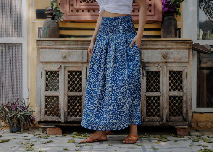 Asha Smocked Waistband Skirt in Natural Indigo
