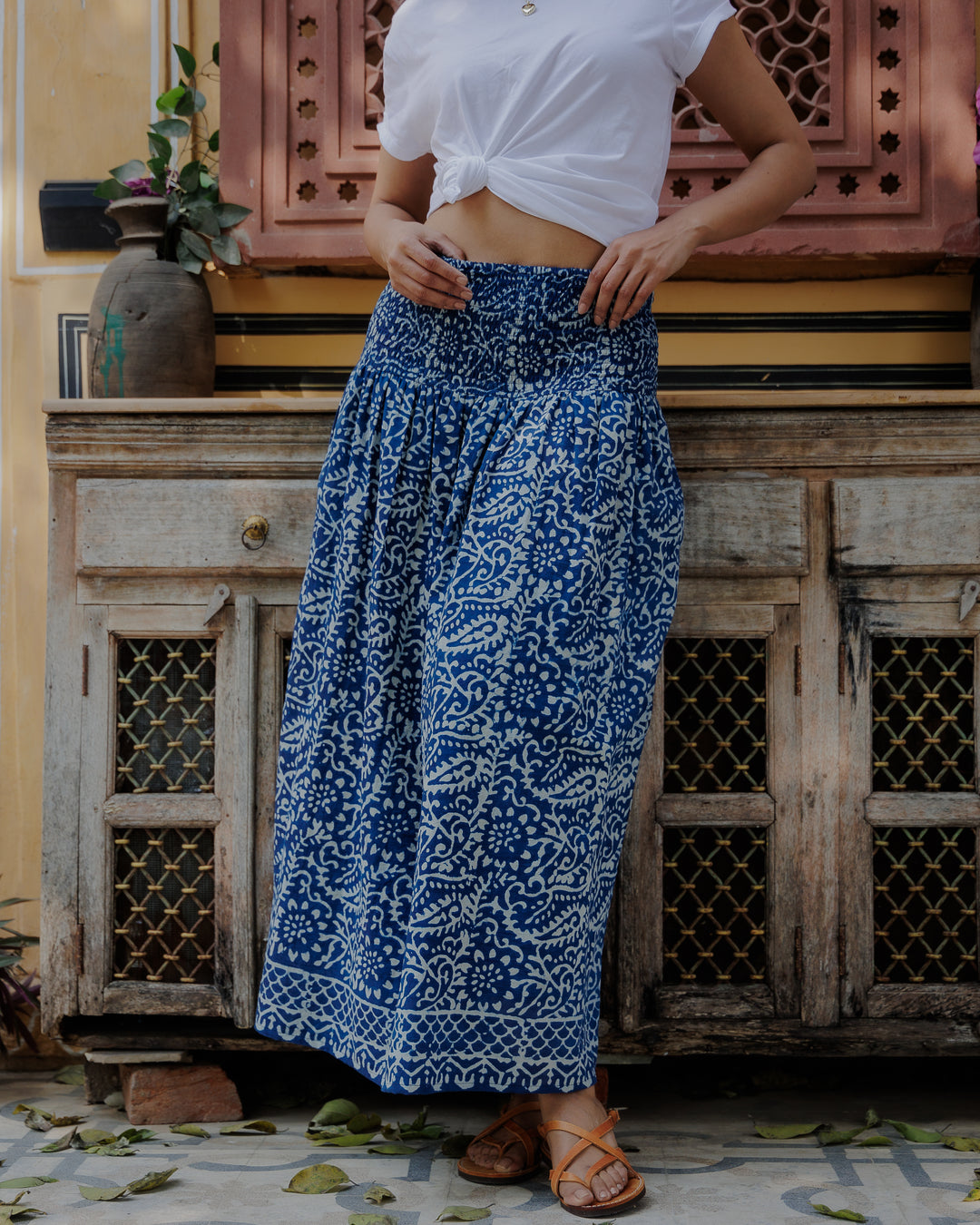 Asha Smocked Waistband Skirt in Natural Indigo