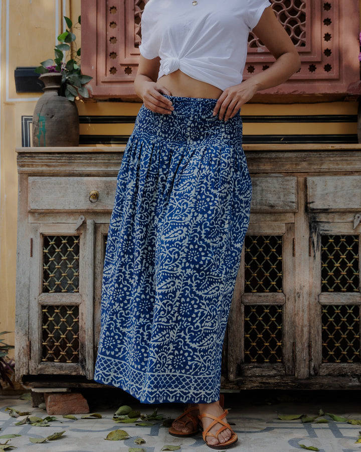 Asha Smocked Waistband Skirt in Natural Indigo