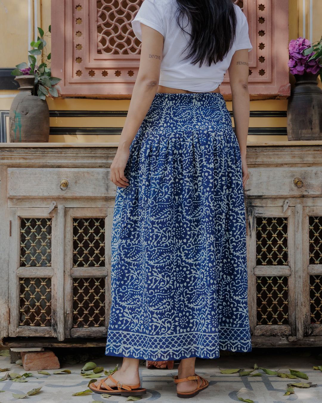 Asha Smocked Waistband Skirt in Natural Indigo