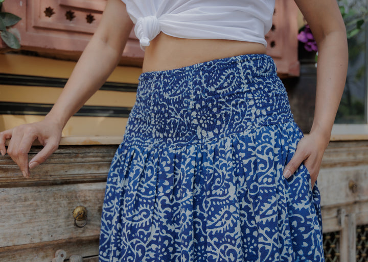 Asha Smocked Waistband Skirt in Natural Indigo