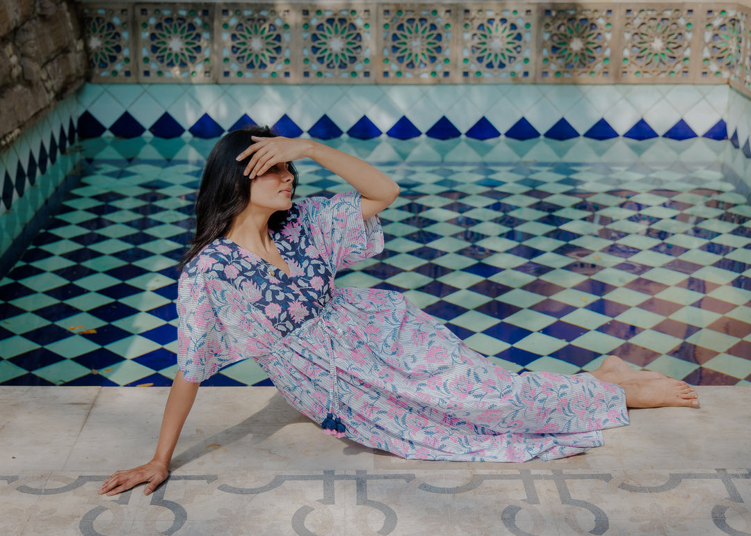 Tilly Stripe Champaca Maxi Kaftan Dress in Midnight and Neon Pink