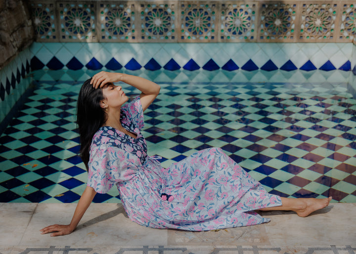 Tilly Stripe Champaca Maxi Kaftan Dress in Midnight and Neon Pink