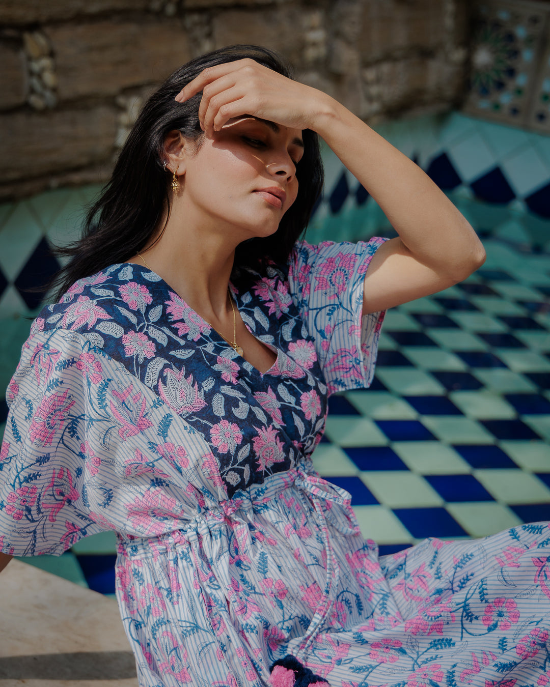 Tilly Stripe Champaca Maxi Kaftan Dress in Midnight and Neon Pink