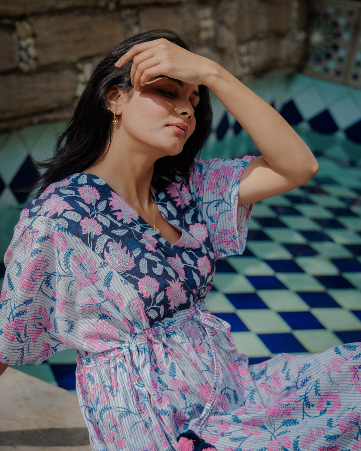 Tilly Stripe Champaca Maxi Kaftan Dress in Midnight and Neon Pink