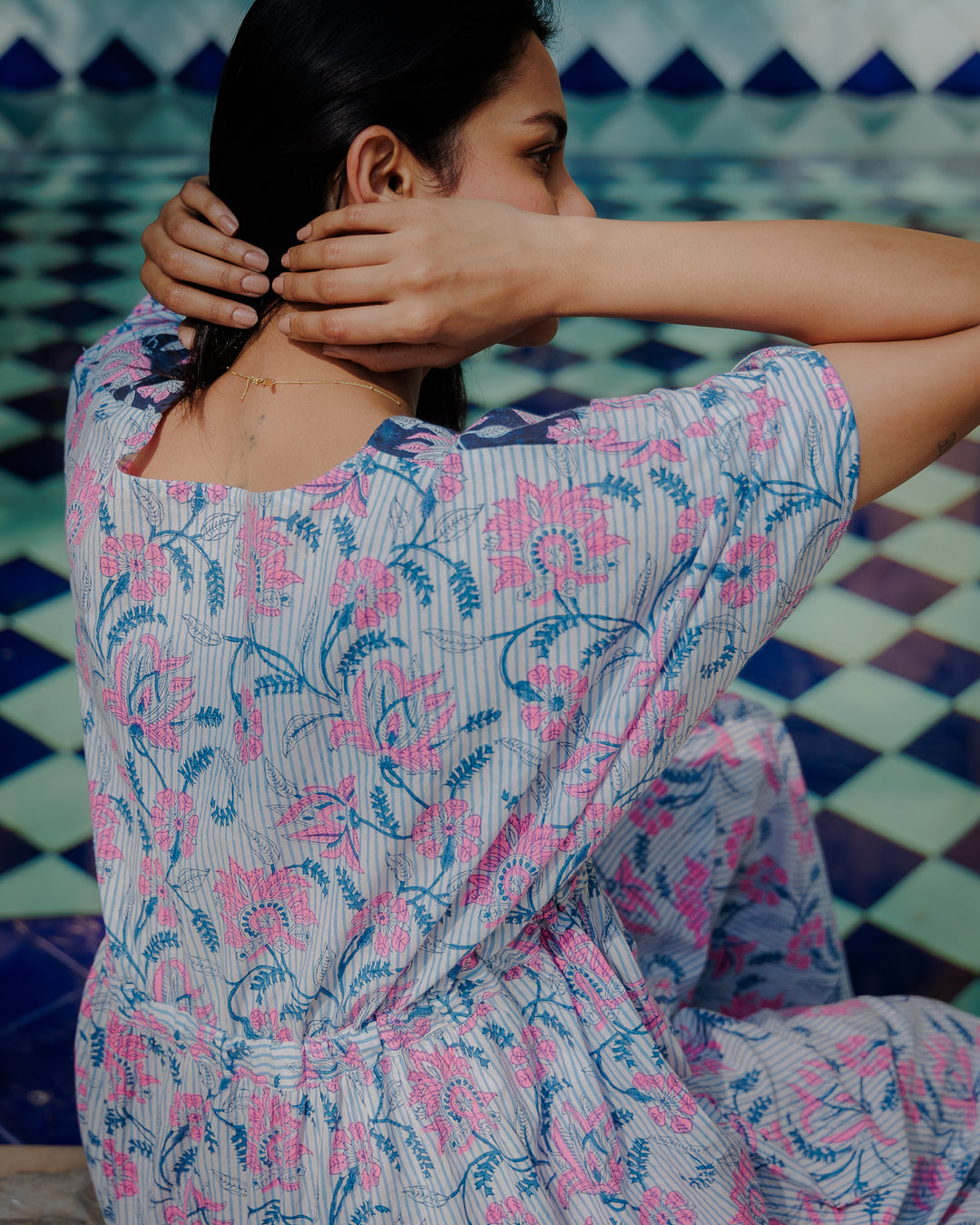 Tilly Stripe Champaca Maxi Kaftan Dress in Midnight and Neon Pink